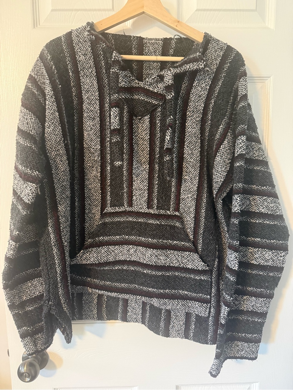 Men's Striped Hooded Baja Pullover Sweater - Black & Gray